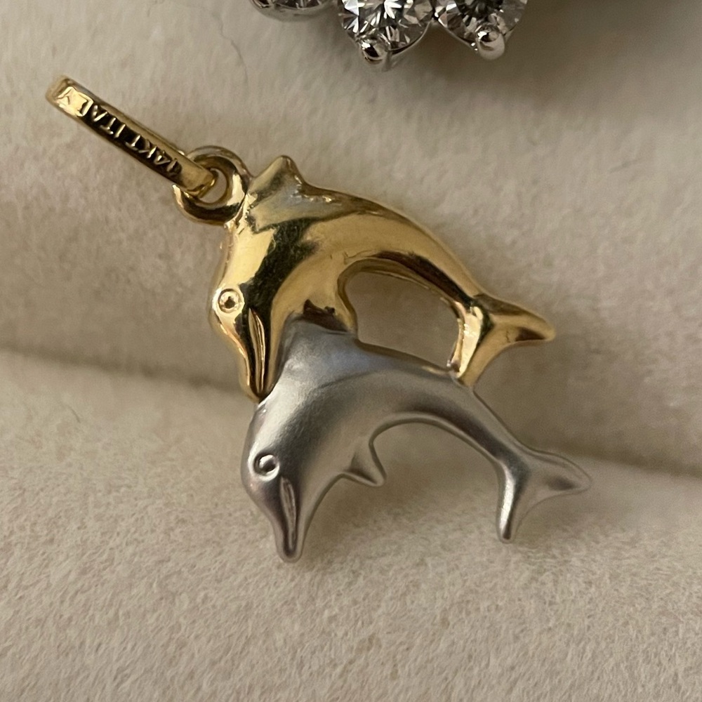 14k solid gold two tone reversible puffy dolphins pendants 3d brushed polished - Picture 4 of 10